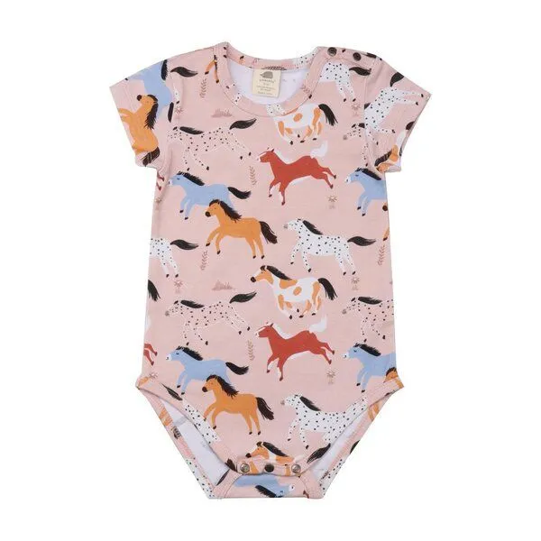 Walkiddy Baby Body GOTS zertifiziert – 95% Bio-Baumwolle, Rosa mit Pferde-Motiv, Kurzarm, weich & bequem | Walkiddy – Produktbild 1 von 2