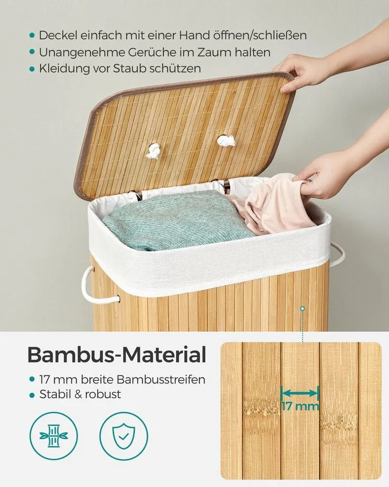 SONGMICS SONGMICS Wäschekorb mit Deckel, Wäschesammler aus Bambus, faltbar, für Waschküche, 72 Liter, Wäschesack herausnehmbar und maschinenwaschbar, 40x30x61 cm, Beige, – Produktbild 3 von 5