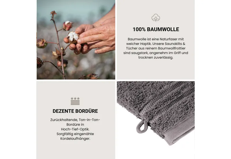 Schiesser Schiesser Waschhandschuh Milano Waschhandschuh-Set aus weicher Baumwolle in Frottier-Qualität, (5-St), mit Webbordüre, Grau, – Produktbild 4 von 5