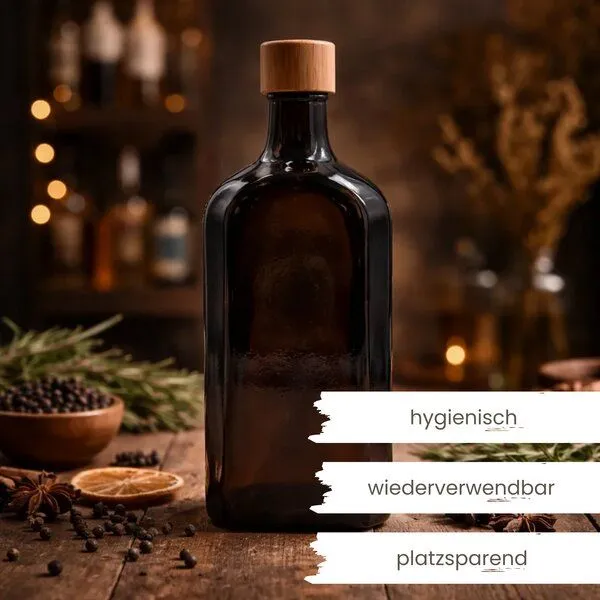 mikken mikken Apothekerflasche flach 500 ml Holzdeckel Meplatflasche mit Schraubdeckel – Produktbild 3 von 3