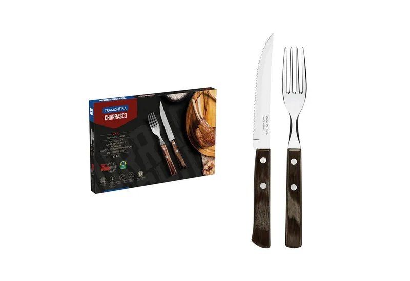 Tramontina Steakbesteck Pizzabesteck, 12-tlg. Set - mit FSC Holzgriff (12-tlg), 6 Personen, Edelstahl, scharfe Klinge, FSC Echtholzgriffe, spülmaschinenfest, Braun, – Produktbild 2 von 5