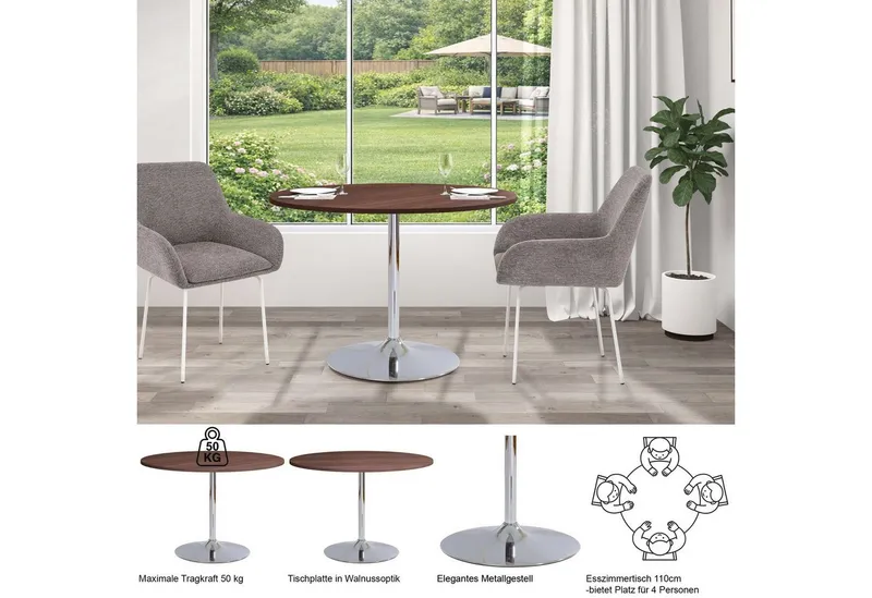 OTTO home Esstisch Trompet, rund, Ø110 cm, Tischplatte Hochglanz oder Holzoptik, Trompetenfuß, Braun, – Produktbild 4 von 4