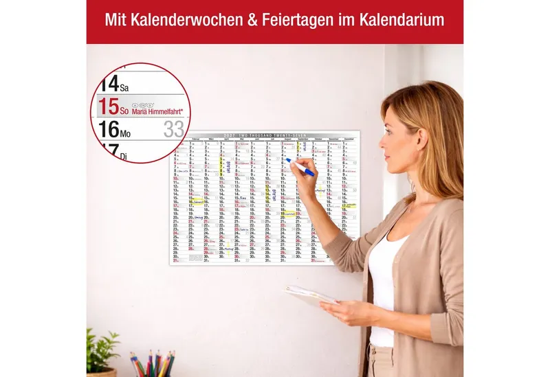 TOBJA Wandkalender Wandkalender 2027 A3 Querformat – Großer Jahresplaner KW, Klassisch schwarz-weiß, KW, FSC-Papier, Rückseite Jahresplanung – Produktbild 2 von 5