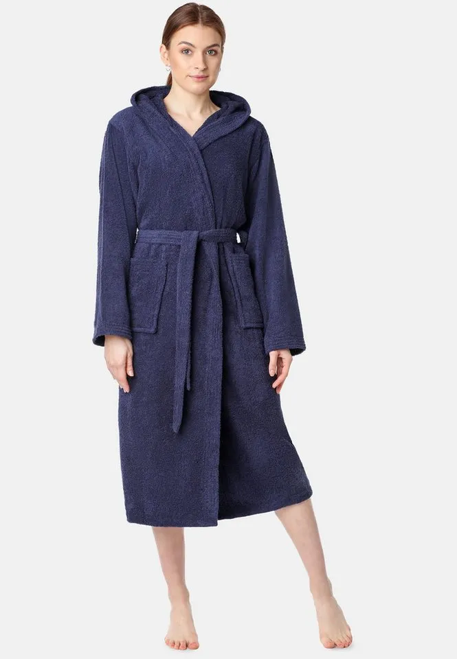 Ladeheid Bademantel Damen Frottee Bademantel aus 100% Bio- Baumwolle LA40-225, Langform, Baumwolle, Kapuze, Blau, – Produktbild 5 von 5