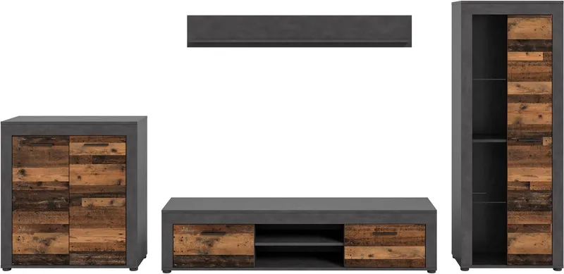 OTTO home Wohnwand AOSTA, Breite 330cm, 4-teilige Wohn-Kombination, (4-St., bestehend aus: Highboard, Lowboard, Wandboard, Vitrine), Wohnwand, Kombination, Anbauwand, Möbel Set, Schrankwand, Möbel Kombi, Grau, – Produktbild 4 von 5