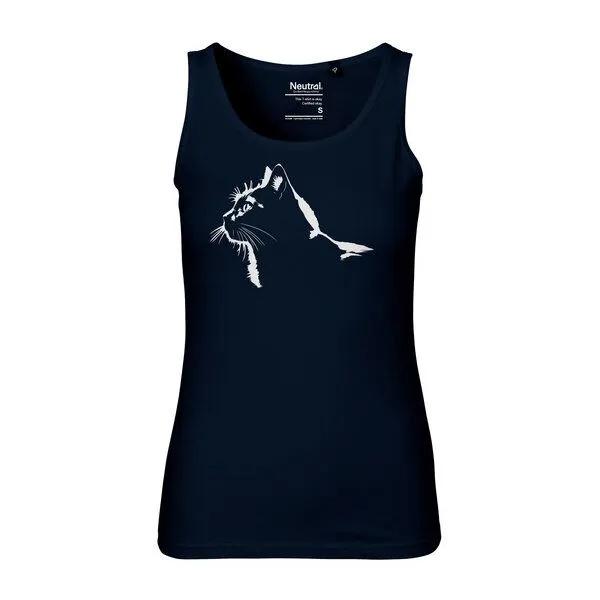 HANDGEDRUCKT HANDGEDRUCKT Frauen Tank Top "Stubentiger" aus 100% Bio Baumwolle (kbA), Navy blue, – Produktbild 1 von 2