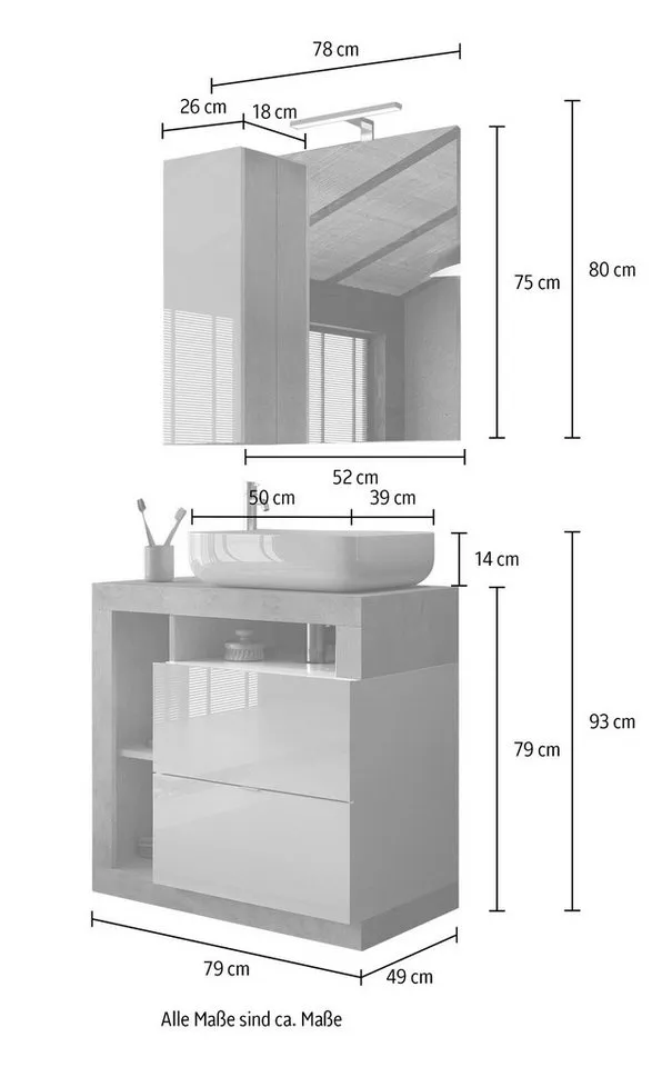 welltime Badmöbel-Set Hamburg, Badezimmerset 2tlg. Breite 79 cm, Badmöbel, Waschtisch inkl., (Spar-Set, 2-St), Waschbecken, Spiegelschrank mit LED Aufbauleuchte, Soft-Close-Funktion, Weiß, – Produktbild 5 von 6