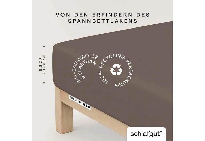 Schlafgut Schlafgut Spannbettlaken PREMIUM Mako-Zwirn-Jersey, 220 g/m², 95% Bio-Baumwolle, 5% Elasthan, Mako-Zwirn-Jersey, Gummizug: rundum, (1 Stück), Bettlaken bis 30 cm Höhe, PREMIUM-Qualität langlebig, perfekter Sitz, Braun, – Produktbild 2 von 5