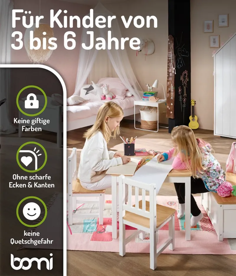 bomi bomi Kindersitzgruppe Holzsitzgruppe Anna, (Set, 4-tlg., 1x Tisch, 1x Truhenbank & 2x Stühle), Kindertischgruppe aus Holz, als Spiel- & Maltisch, Beige, – Produktbild 7 von 8