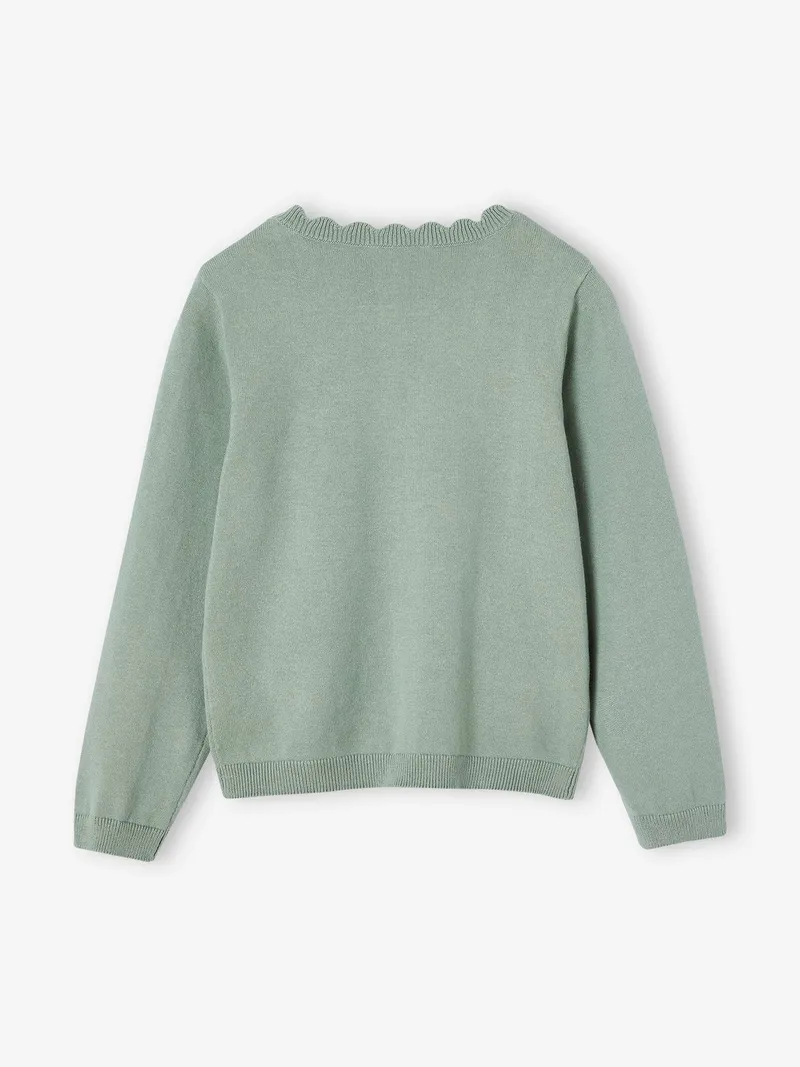 Vertbaudet Mädchen Pullover mit Herz-Stickerei & Wellenausschnitt BASIC, Graugrün, – Produktbild 2 von 3