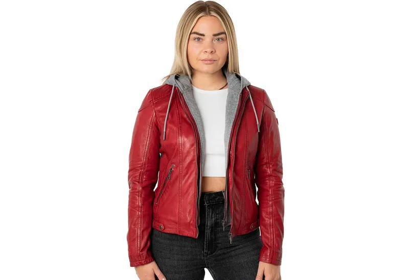 Mauritius Lederjacke MWAmmy Mauritius - Damen Lederjacke Lammnappa Kapuze rot, Rot, – Produktbild 1 von 5
