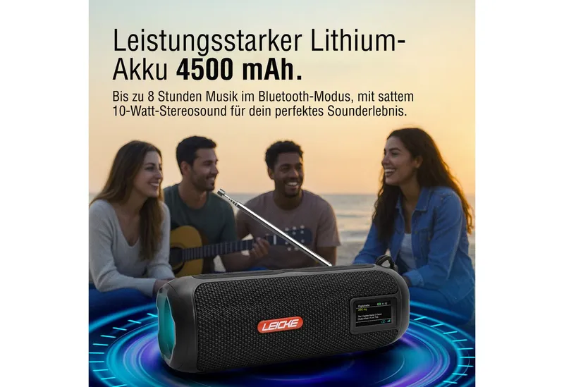 Leicke Leicke Tragbarer Bluetooth Lautsprecher mit FM Digitalradio (DAB) (4500mAh Akku, RGB-LED Lichter, 10W Stereo-Sound,Equalizer), Schwarz, – Produktbild 5 von 5
