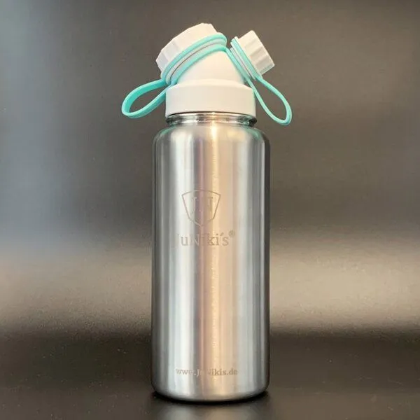 JN JuNiki's JN JuNiki's eco line isolierte Edelstahl Trinkflasche 1 Liter mit Deckelhaltern in Türkis + Gelb zum Wechseln – Produktbild 2 von 2