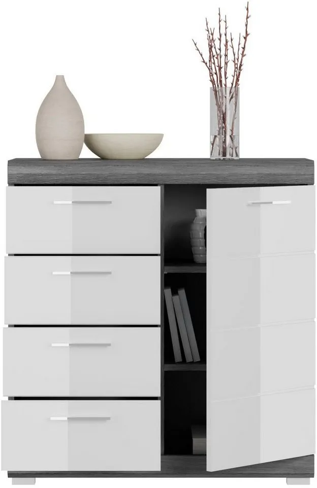 Home affaire Kommode SIENA, Breite 80 cm, 1 Tür, 2 Einlegeböden, 3 Fächer, 4 Schubkästen (hochwertige Rillenfräsung in MDF Front), Schuhkommode, Schuhschrank, Anrichte, Sideboard, Grau|silberfarben, – Produktbild 5 von 5