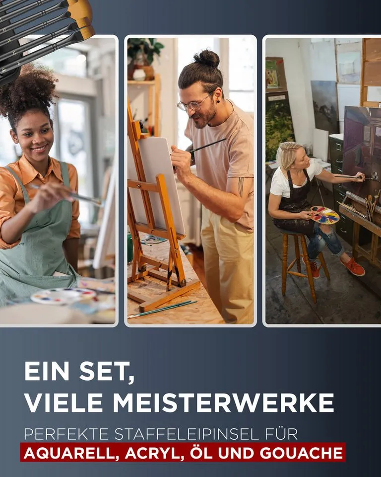 LIEBERGE Malpinsel Premium Set – 12 Langpinsel für Acryl, Aquarell, Öl, inkl. Präsenter, (Set, 12 St., Pinselpräsenter, Flachpinsel, Fächerpinsel, Rundpinsel, Schrägpinsel), langer Stiel, Synthetikhaar, vegan, hohe Farbaufnahme, Profis, Schwarz, – Produktbild 4 von 5