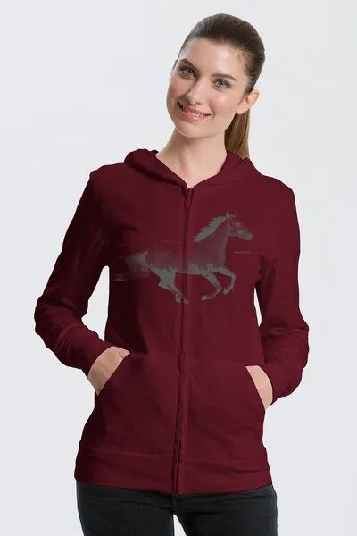 Peaces.bio - handbedruckte Biomode Peaces.bio - handbedruckte Biomode Bio-Jersey-Zip-Hoodie Horsepower, Bordeaux, – Produktbild 1 von 1