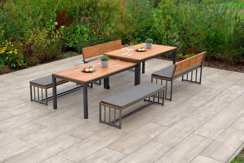 Merxx Merxx Garten-Essgruppe Milos, (Set, 10-tlg., 4 Bänke (2x mit und 2x ohne Rückenlehne), 2 Tische, 4 Sitzkissen), Set ist komplett ineinander verstaubar, geeignet für 12 Personen, Braun|grau, – Produktbild 4 von 5