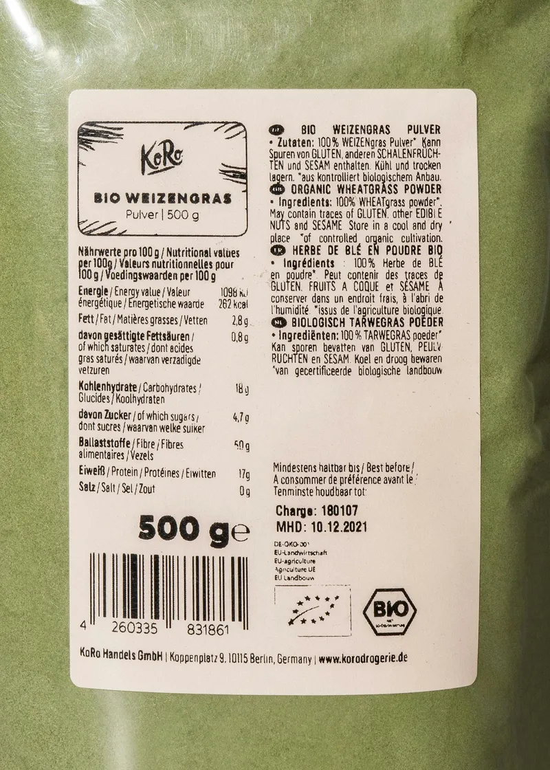 KoRo Bio Weizengras Pulver 500 g – Produktbild 3 von 5