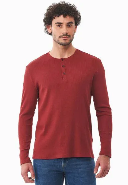 ORGANICATION ORGANICATION Geripptes Henley Langarmshirt aus Bio-Baumwolle, Merlot, – Produktbild 1 von 4