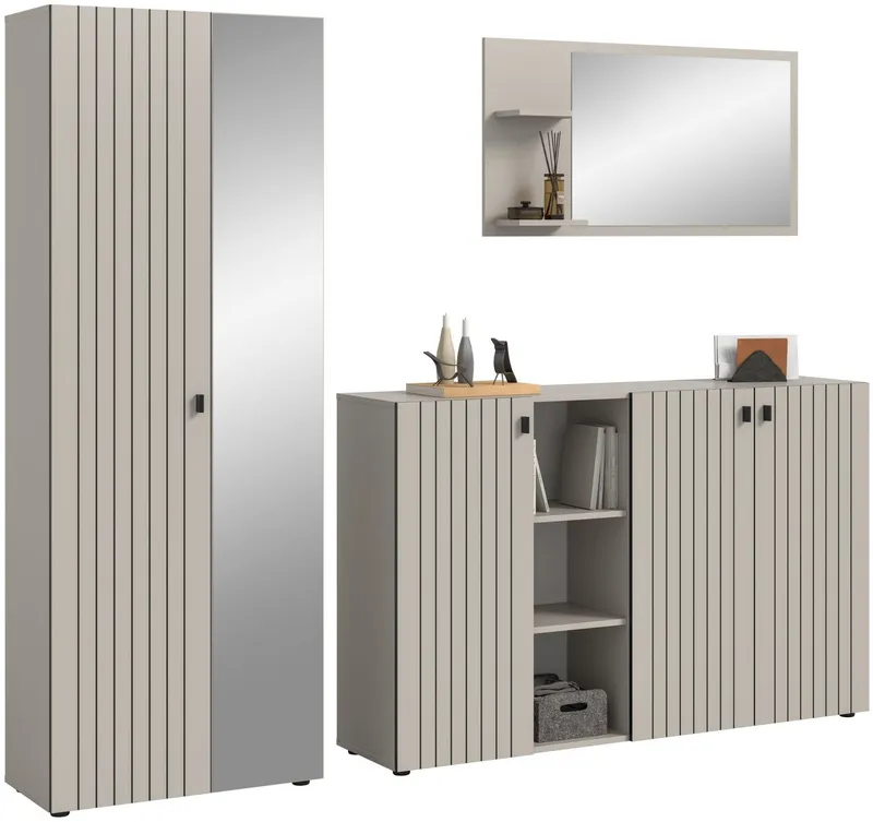 xonox.home Garderoben-Set, (3-tlg. Garderobenschrank, Schuhkommode & Garderobenspiegel), in Kaschmir Nachbildung B/H/T ca.: 235/192/37 cm, Braun, – Produktbild 1 von 5