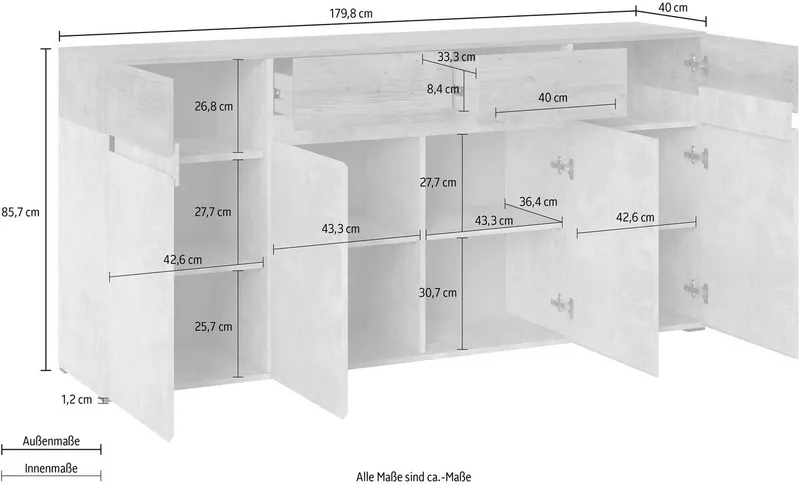 Home affaire Sideboard Rimini, Kommode, Schubladenschrank, 4 Türen, 2 Schubkästen, Breite 180 cm, Grau, – Produktbild 5 von 5