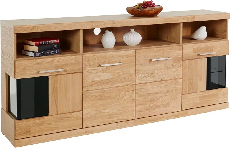 OTTO home Sideboard RIBE20 Fronten massiv,Korpus Melamin, 2 Türen mit Glaseinsatz, B/T/H: 180/35/80cm, 3 offene Fächer und 6 geschlossene, Braun, – Produktbild 2 von 5