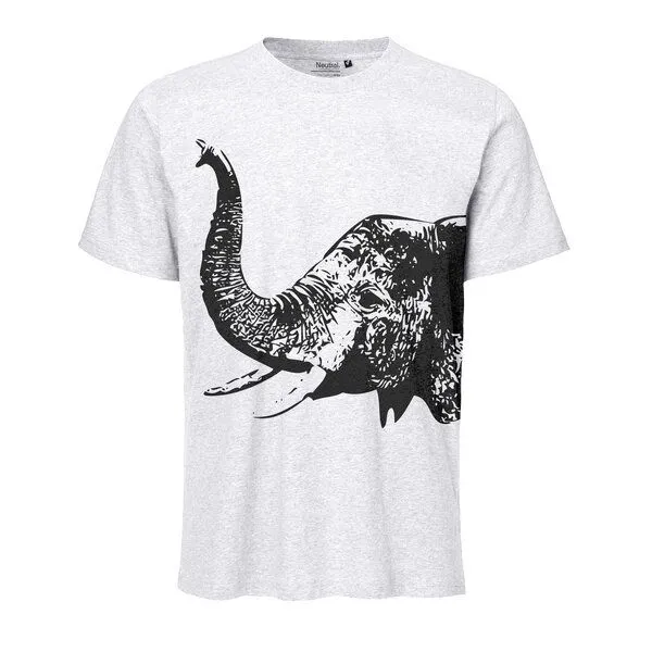 HANDGEDRUCKT HANDGEDRUCKT "Elefant" Unisex T-Shirt aus reiner Baumwolle (kbA), Ash grey, – Produktbild 1 von 3