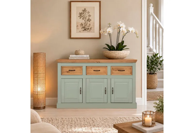 OTTO home Sideboard Selma Kommode mit 3 Türen, 3 Schubläden und 6 Fächer, Metallgriffe, aus massivem Kiefernholz, 3 Einlegeböden, mit dekorativer Fräsung, Grün, – Produktbild 2 von 5