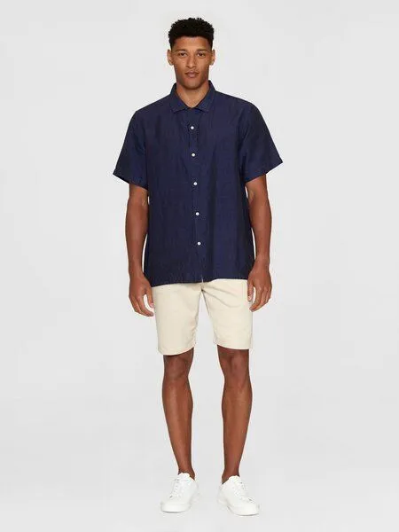 KnowledgeCotton Apparel KnowledgeCotton Apparel Leinenhemd Box Fit - Short Sleeve - aus Bio-Leinen, Dunkelblau (yarndyed), – Produktbild 3 von 4