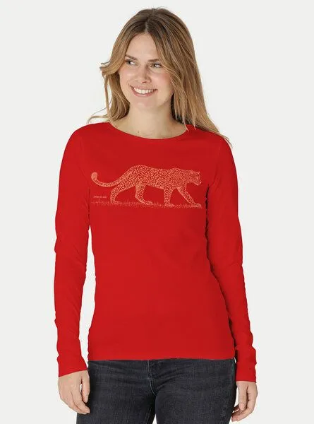 Peaces.bio - handbedruckte Biomode Peaces.bio - handbedruckte Biomode Bio-Damen-Langarmshirt Leopard, Rot, – Produktbild 1 von 2
