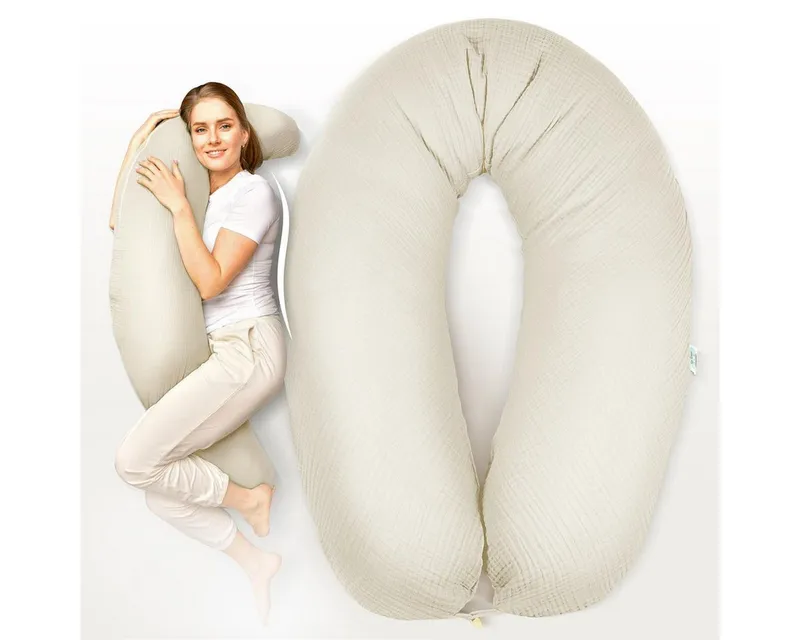 SEI Design Stillkissen Seitenschläferkissen XXL Babynest - Baby Erstausstattung Neugeborene, Schwangerschaftskissen 190x30 cm, Schwangerschaftskissen mit Bezug, Musselin Bezug 100% BIO Baumwolle, Beige, – Produktbild 1 von 5