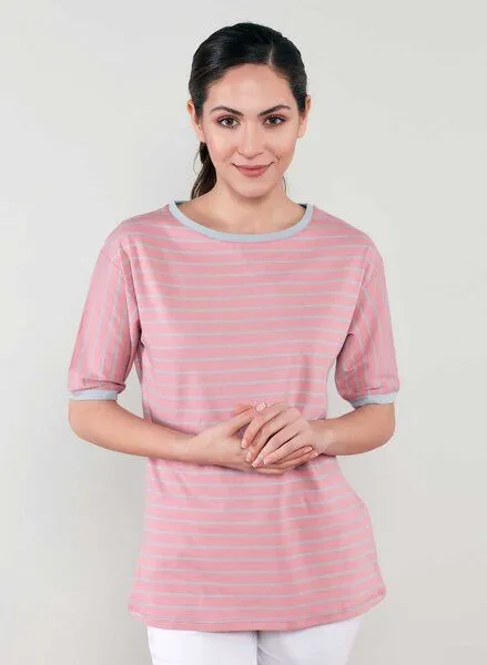 ORGANICATION ORGANICATION Gestreiftes Rundhals 1/2 Arm T-Shirt aus Bio-Baumwolle, Peachy & grey, – Produktbild 2 von 4