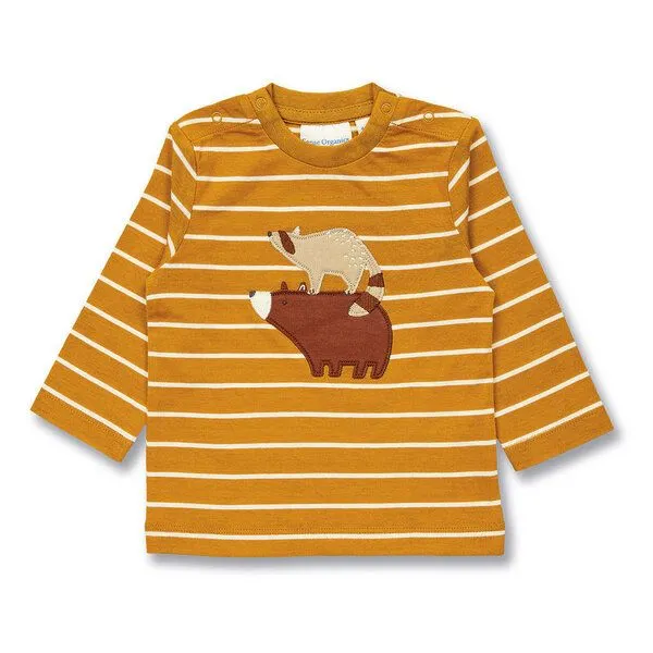Sense Organics Sense Organics Baby Langarmshirt, Modell ELAN, Currygelb geringelt mit bär- & waschbär, – Produktbild 1 von 4
