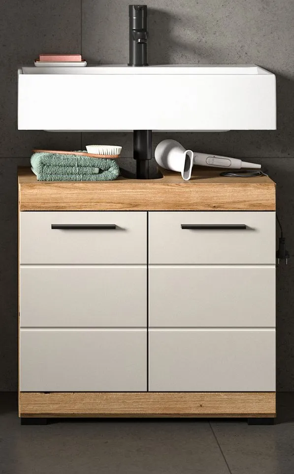 Inn.Furn Waschbeckenunterschrank Shawn (Badschrank in Eiche und Sand / Kaschmir, 2-türig, 60 x 56 cm) mit viel Stauraum, Beige, – Produktbild 3 von 5