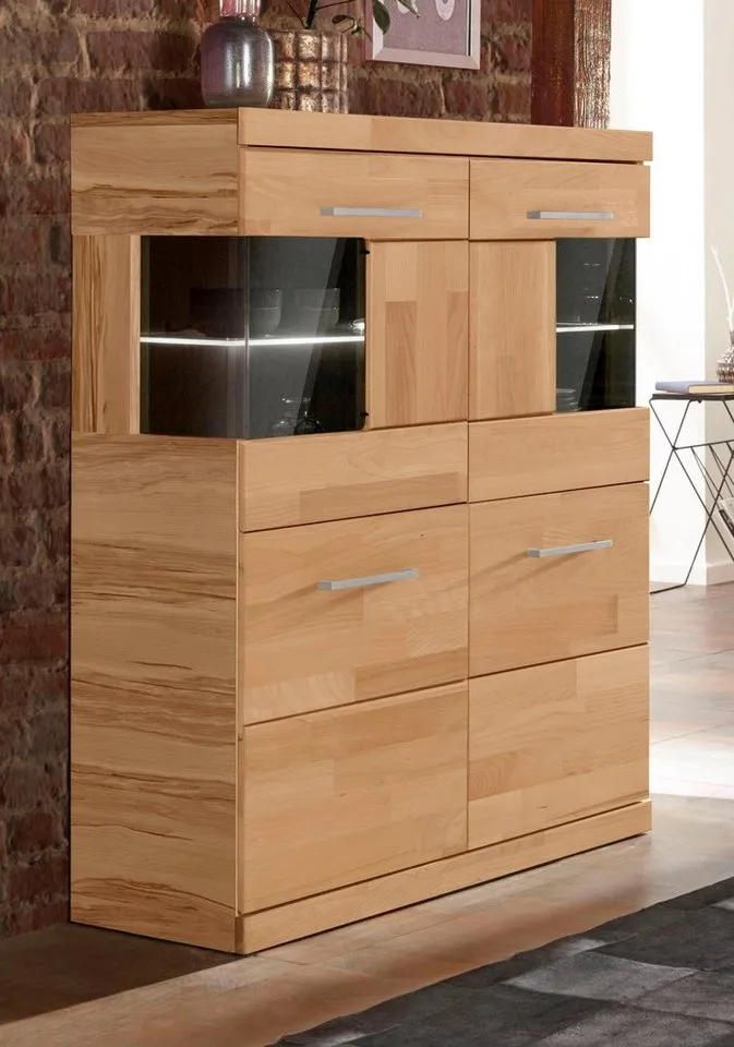 OTTO home Highboard Ribe,85cm breit,115cm hoch, Fronten Massivholz,4 breite Fächer, Korpus Holzwerkstoff,2Türen mit Glaseinsatz, Böden versetzbar, Braun, – Produktbild 3 von 5