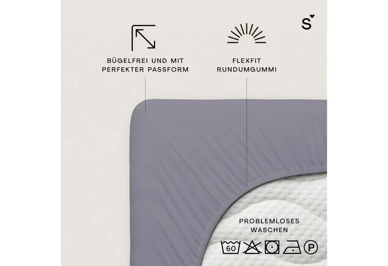 Schlafgut Schlafgut Spannbettlaken Basic Cotton Bettlaken, 160 g/m², 100% Baumwolle, Spannbetttuch, Jersey, Gummizug: rundum, (1 Stück), Spannbettlaken bis 20 cm Matratzenhöhe, bügelfrei und pflegeleicht, Grau, – Produktbild 3 von 6