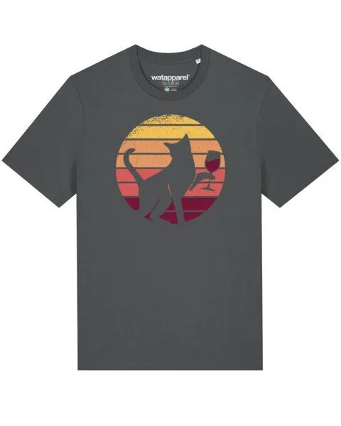 watapparel watapparel T-Shirt Unisex Sunset Katze & Rotwein, Anthracite, – Produktbild 1 von 4