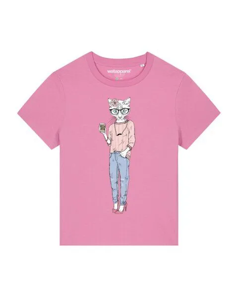 watapparel watapparel T-Shirt Frauen Hipster Cat with Moustache, Bubble pink, – Produktbild 1 von 3
