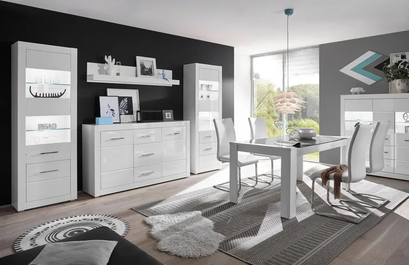 Home affaire Wohnwand Bianco, moderne Anbauwand, Komplettset, Wohnzimmer-Set, (Set, 4-St), enthält Vitrine, Sideboard und Wandboard, 314 cm breit, Weiß, – Produktbild 2 von 5