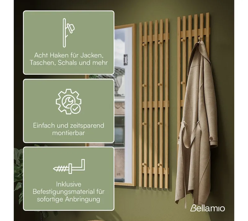 Bellamio Garderobenpaneel Sava, Wandpaneel für Flur, 8 Kleiderhaken (1 St), Flurgarderobe aus Bambus, 110x25 cm – Produktbild 4 von 5
