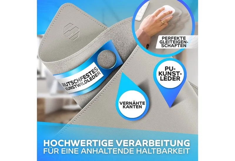 MAXLVL Gaming Mauspad Schreibtischunterlage - Mauspad mit Vernähte Kanten - abwaschbar (in 80x40 cm / 60x35 cm, Schreibtisch Unterlage für Büro), Tischunterlage Schreibtisch aus PU-Leder, Grau, – Produktbild 2 von 5