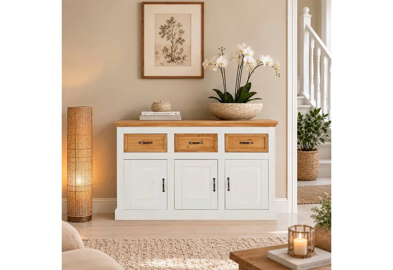 OTTO home Sideboard Selma Kommode mit 3 Türen, 3 Schubläden und 6 Fächer, Metallgriffe, aus massivem Kiefernholz, 3 Einlegeböden, mit dekorativer Fräsung, Weiß, – Produktbild 2 von 5