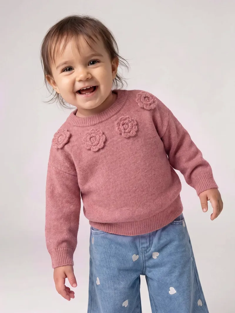 Vertbaudet Baby Pullover mit gehäkelten 3D-Blumen pudrig, Pudrig rosa, – Produktbild 2 von 3