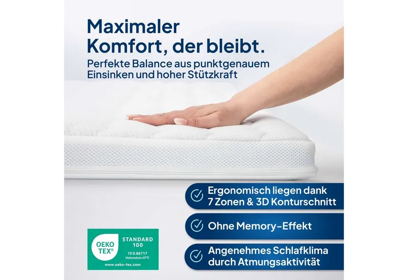 AM Qualitätsmatratzen, Topper 3D Deluxe Kaltschaum Topper, 7-Zonen, Ideal für Boxspringbetten, RG50, 8 cm hoch, Komfortschaum, 80x200 cm, Weiß, – Produktbild 4 von 5