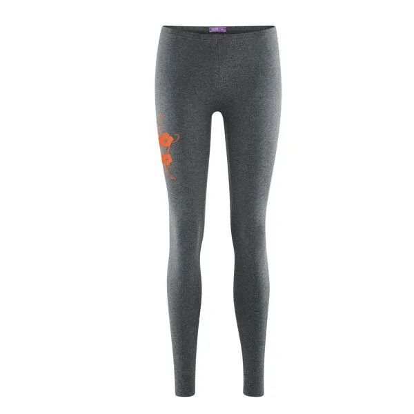 HANDGEDRUCKT HANDGEDRUCKT Leggings aus Biobaumwolle " Hibisken", Graphit melange, – Produktbild 1 von 2