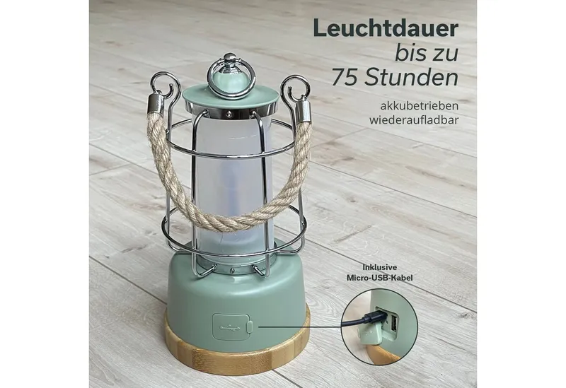 Skandika LED Gartenleuchte Campinglampe Kiruna aufladbar mit Powerbank 5000 mAh, USB, Retro Outdoor Lampe, stufenlos dimmbar, kabellos, 75h Leuchtzeit, Akku, Grün, – Produktbild 5 von 5