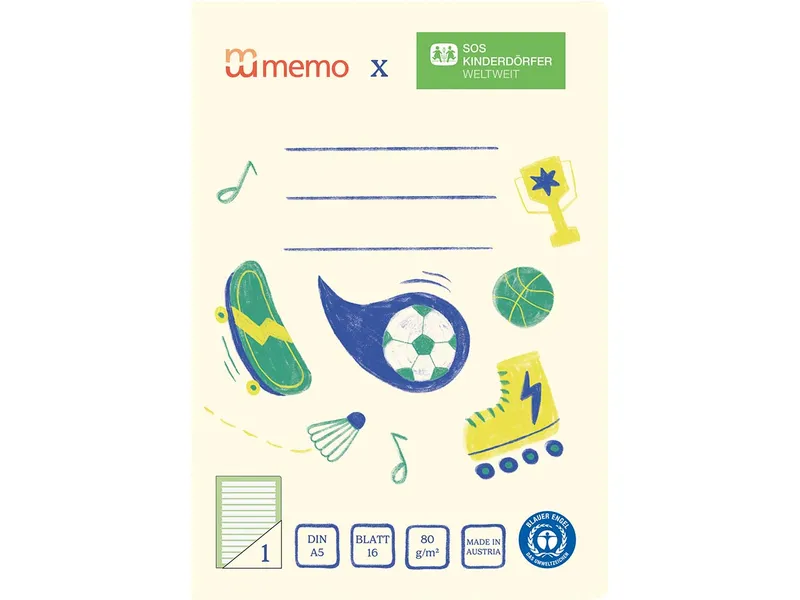 Memo memo x SOS-Kinderdörfer weltweit Schulheft DIN A5, 16 Blatt, Lin. 1, Kontrastlineatur – Produktbild 1 von 1