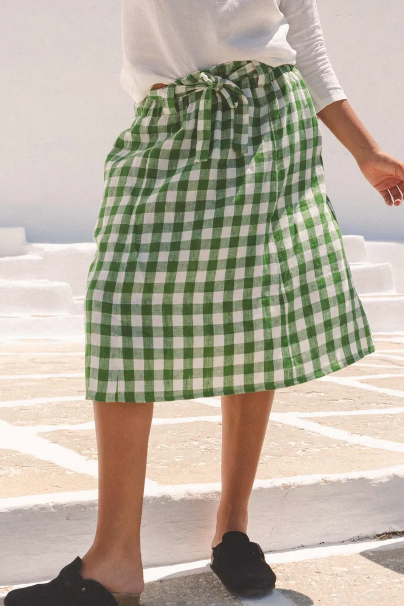 AmourLinen AmourLinen Damen vegan Rock Mittellang Bergen Grün Gingham, Grün, – Produktbild 2 von 2