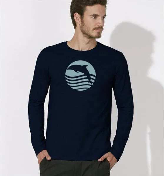 Picopoc Picopoc Sonnenuntergang mit Delfin Langarm T-Shirt für Männer, Blau, – Produktbild 2 von 4