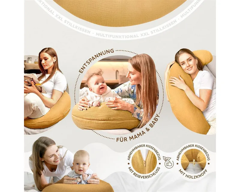 SEI Design Stillkissen Seitenschläferkissen XXL Babynest - Baby Erstausstattung Neugeborene, Schwangerschaftskissen 190x30 cm, Schwangerschaftskissen mit Bezug, Musselin Bezug 100% BIO Baumwolle, Gelb, – Produktbild 3 von 5